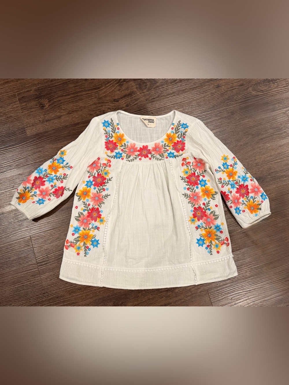 Savanna Jane Cream Tunic with Pink, Yellow & Blue Floral Embroidery